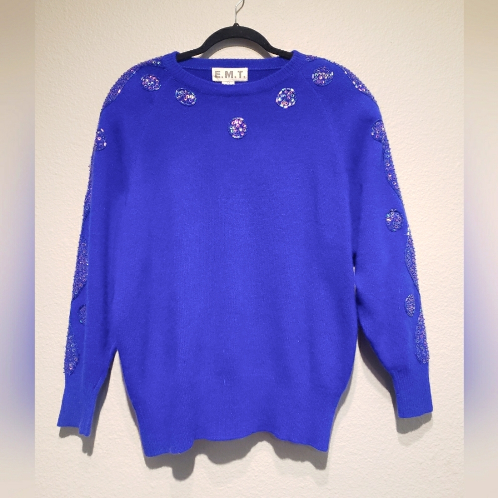 Vintage Sapphire Blue Wool Sequins Sweater